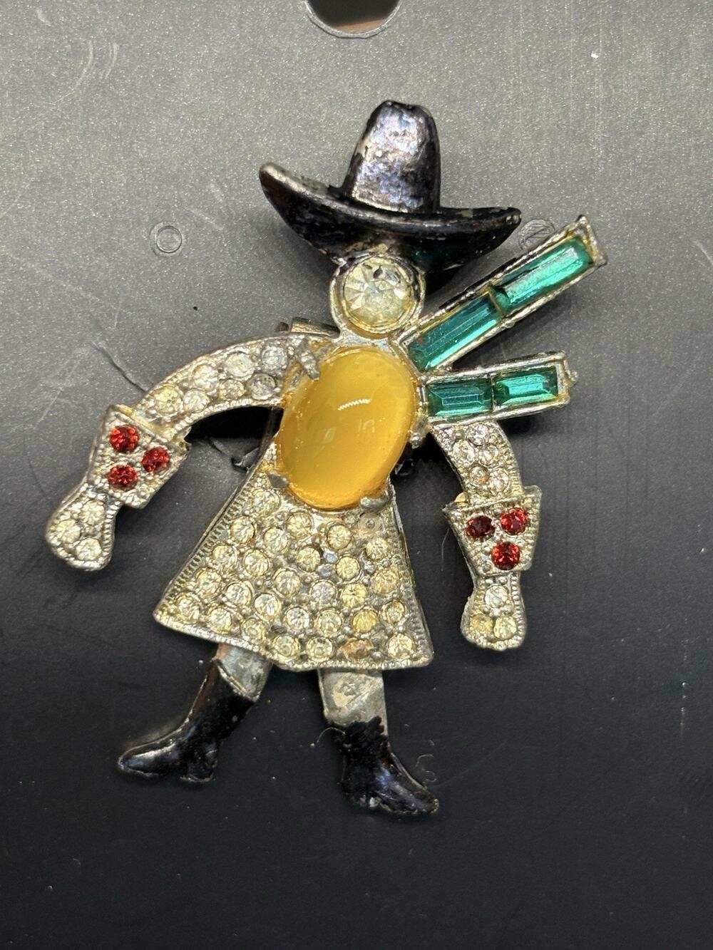 Dujay Pave Enamel Yellow Moonstone Cowgirl Hat Boot Brooch Pin Dress Clip